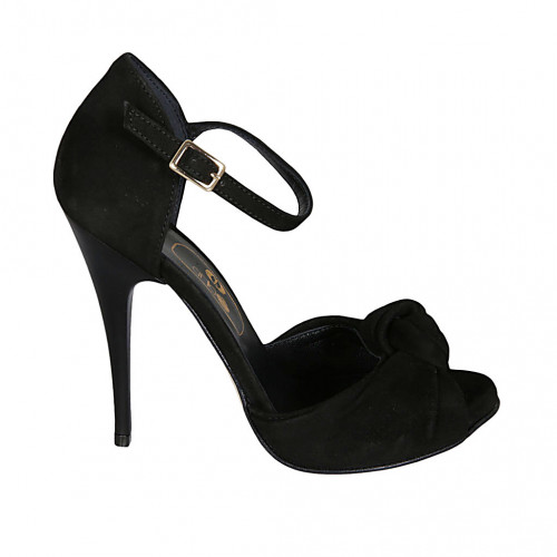 Woman's open shoe with knot and strap in black suede heel 11 - Available sizes:  32, 34, 42, 43, 46, 47