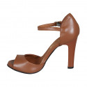 Woman's open shoe in tan brown leather with strap heel 10 - Available sizes:  42, 43