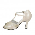 Dancing shoes with strap in platinum leather and laminated printed fabric heel 9 - Available sizes:  32, 33, 42, 45