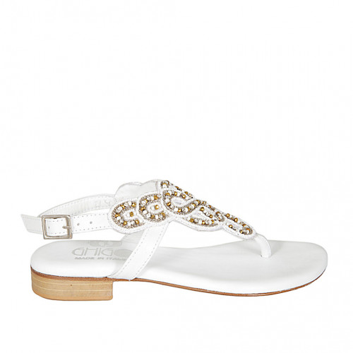 Woman's thong sandal with rhinestones in white leather heel 2 - Available sizes:  32