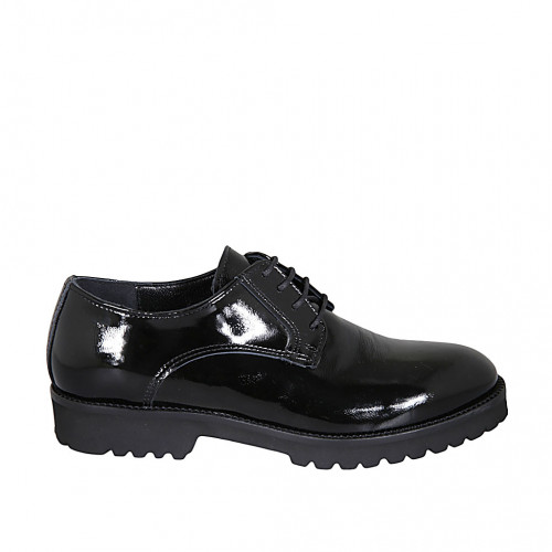 Zapato derby con cordones en charol negro para mujer tacon 3 - Tallas disponibles:  43, 44, 45