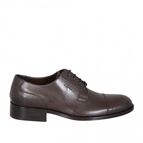 Men's elegant derby shoe with laces and captoe in brown leather - Available sizes:  46, 47, 50