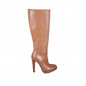 Woman's platform boot in tan brown leather with zipper heel 11 - Available sizes:  31, 34