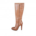 Woman's platform boot in tan brown leather with zipper heel 11 - Available sizes:  31, 34
